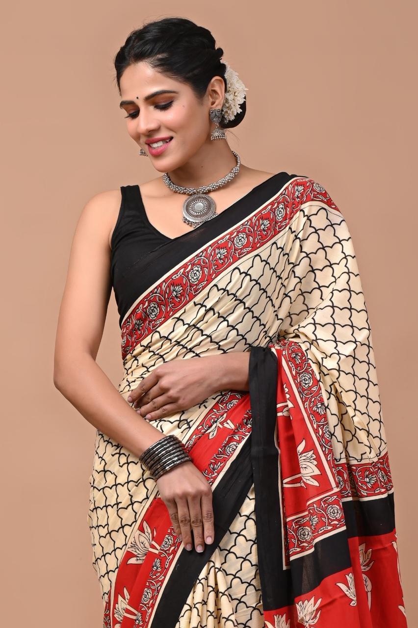 Bagru Print Pure Cotton Mulmul Saree with Blouse