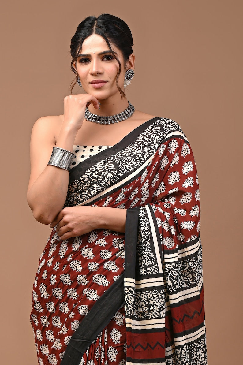 Bagru Prime Printed Hand Block Cotton Mulmul Saree With Blouse