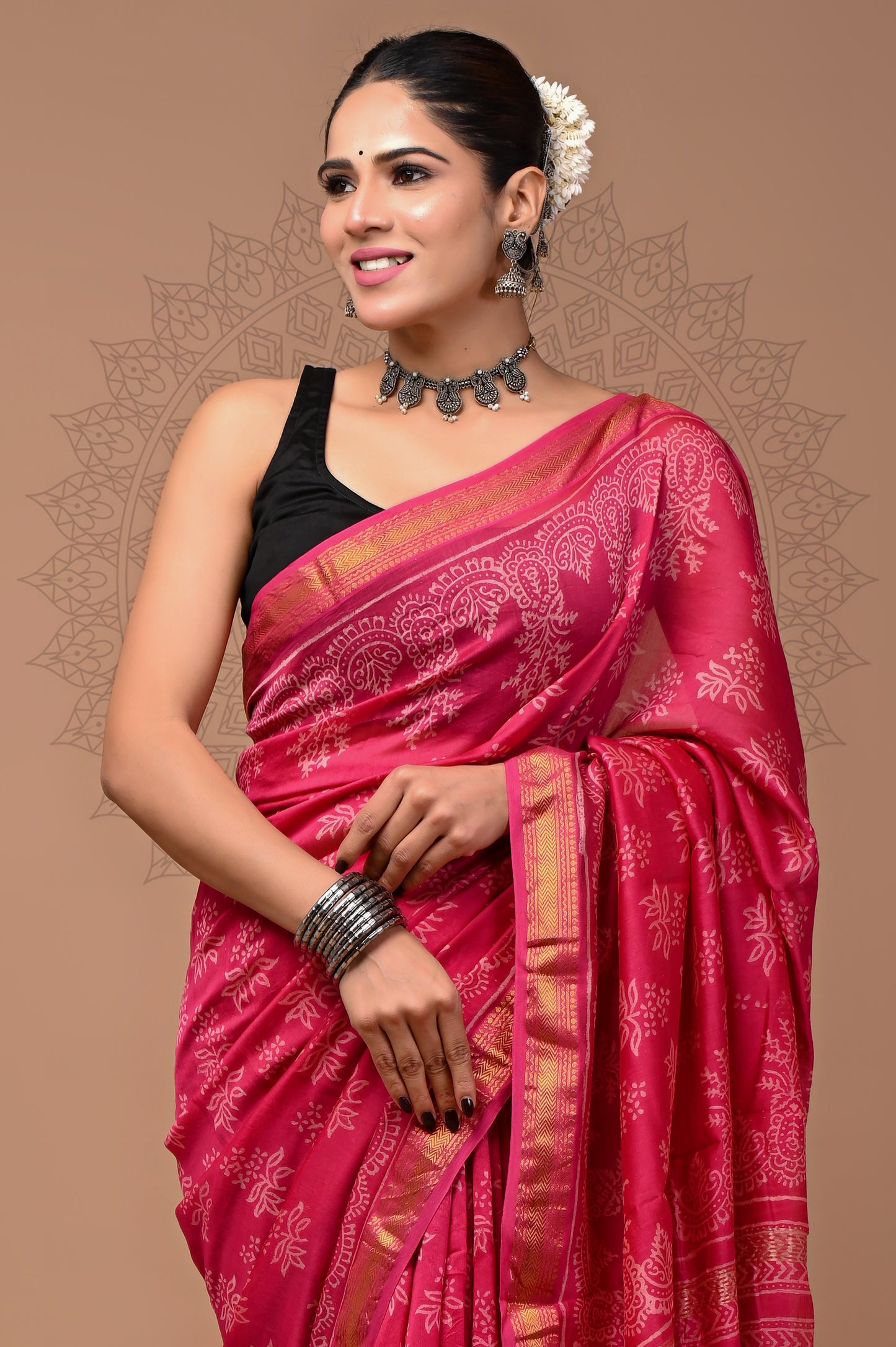 Printed Maheshwari silk saree With Blouse