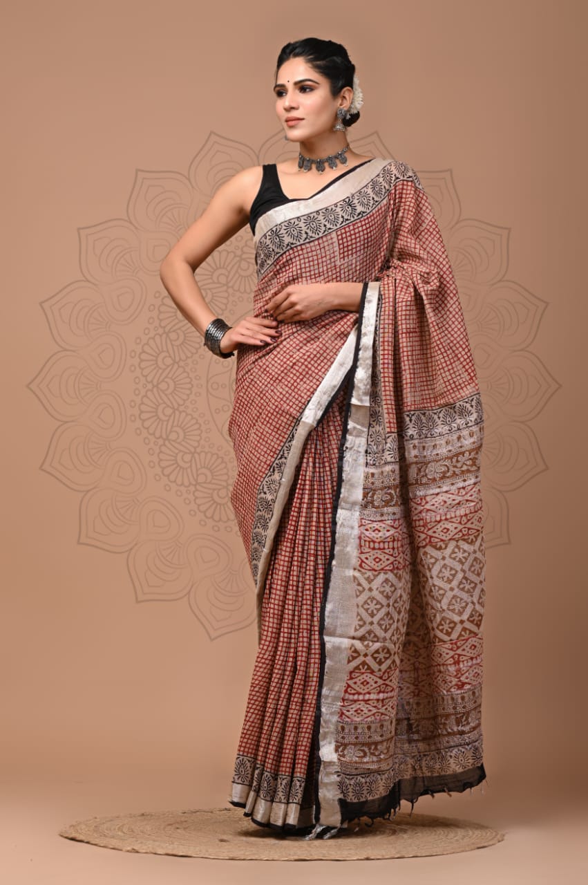 Bagru Prime hand block printed Lilen saree