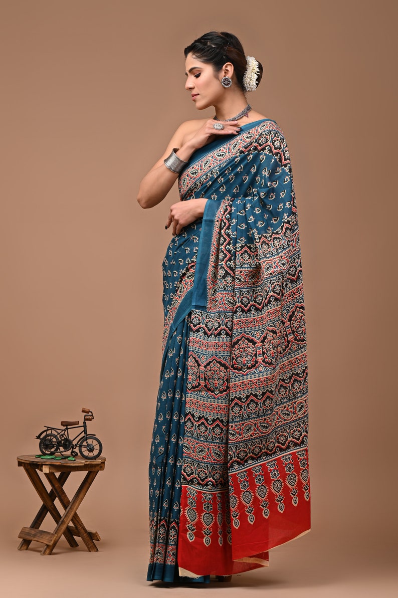 Bagru Prime Hand Block Printed Cotton Mulmul Saree With Blouse