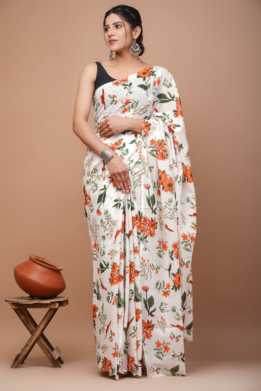 Flower Print Cotton Mulmul Saree with Blouse