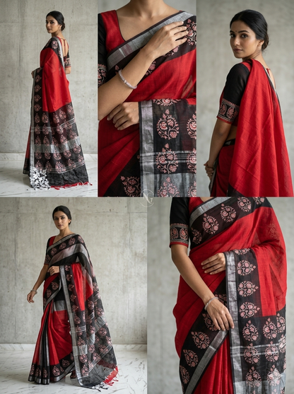 Red Love BAGRU PRINT Lilen Saree With Blouse