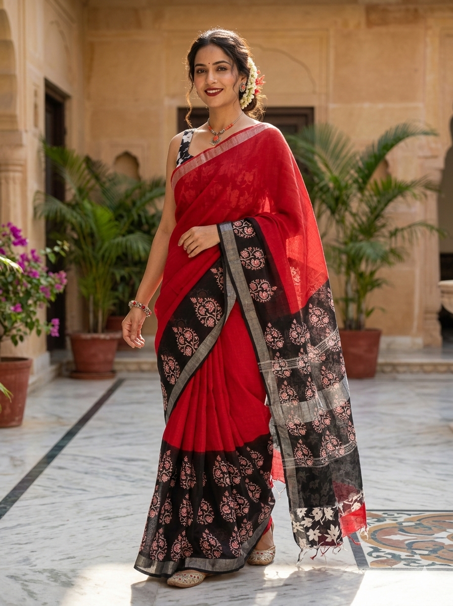 Red Love BAGRU PRINT Lilen Saree With Blouse