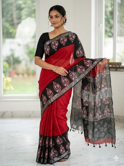Red Love BAGRU PRINT Lilen Saree With Blouse