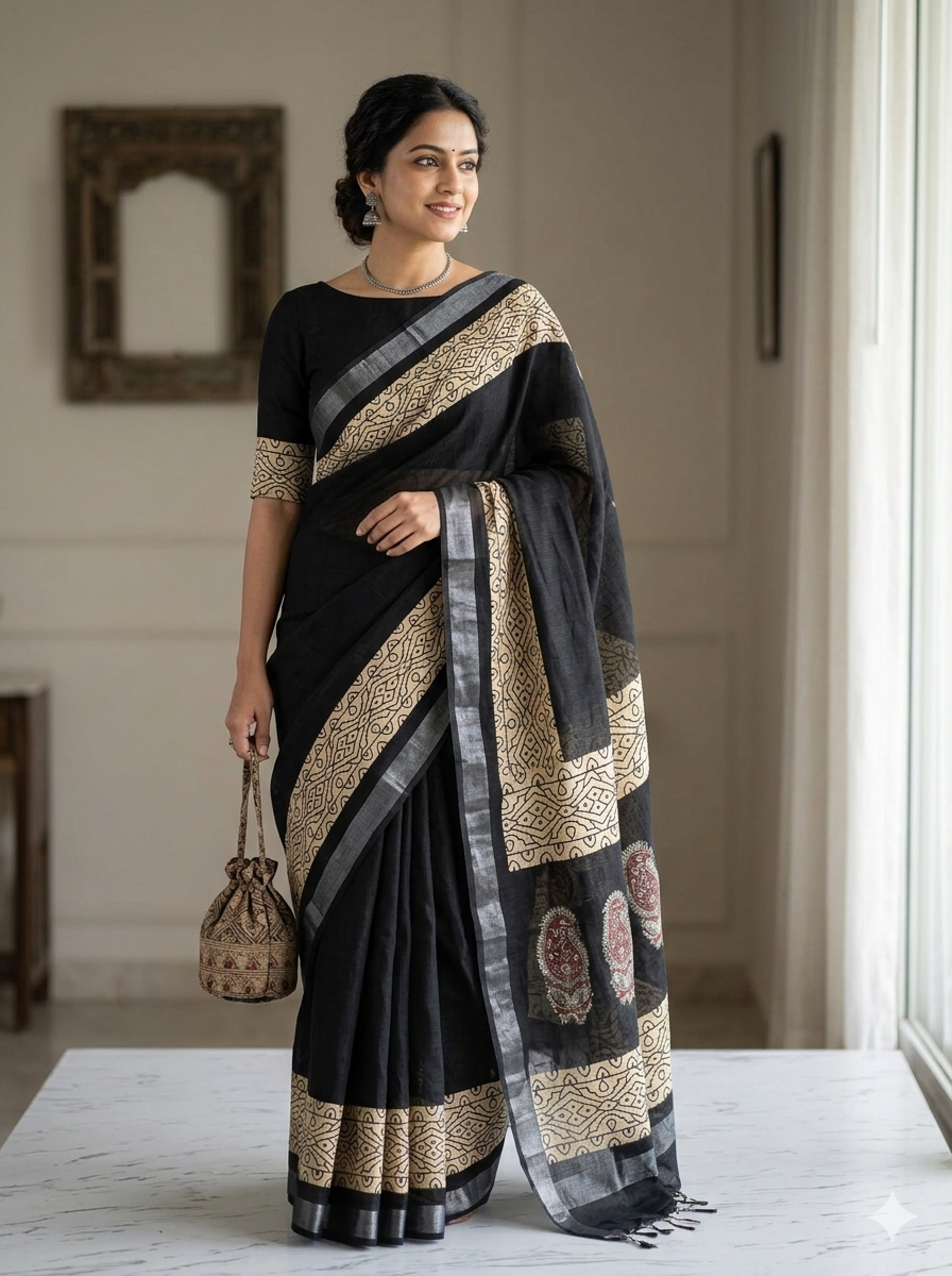 BAGRU Prime Black Lilen Saree With Blouse