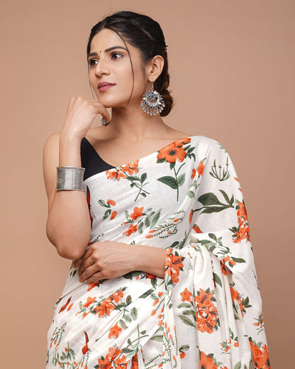 Flower Print Cotton Mulmul Saree with Blouse