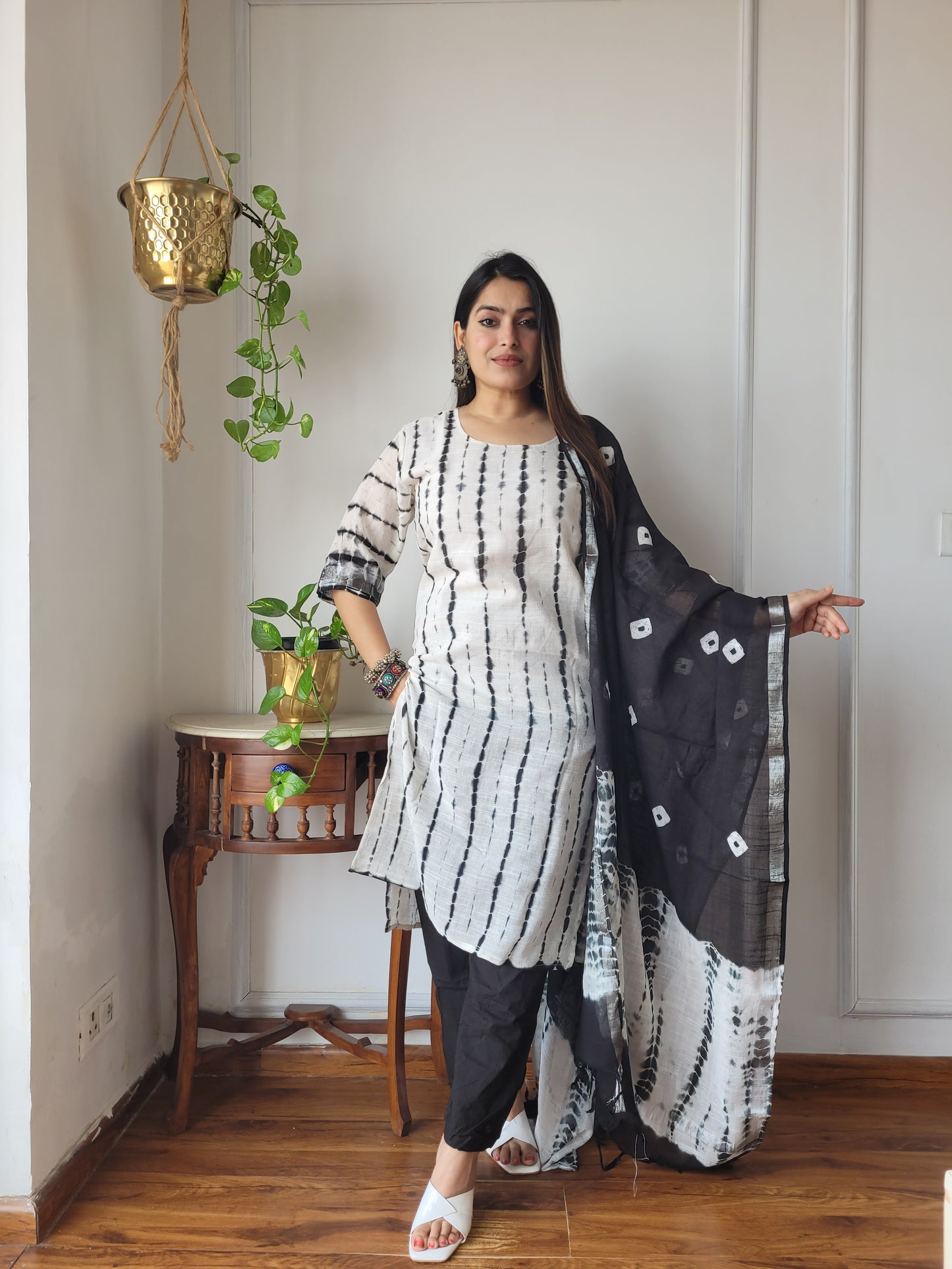 Traditional Hand Block printed Stitched Lilen suit with dupatta