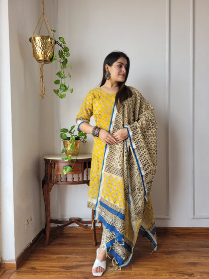 Beautiful block printed stitch linen suit with dupatta