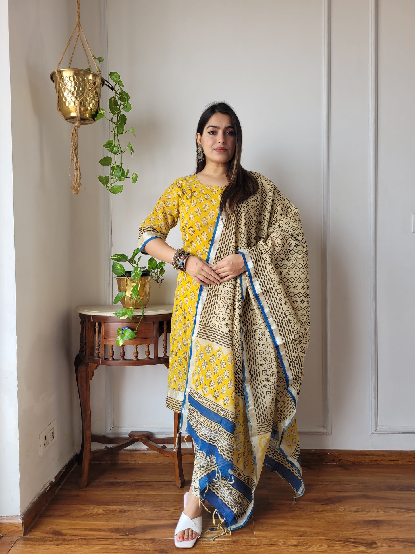 Beautiful block printed stitch linen suit with dupatta