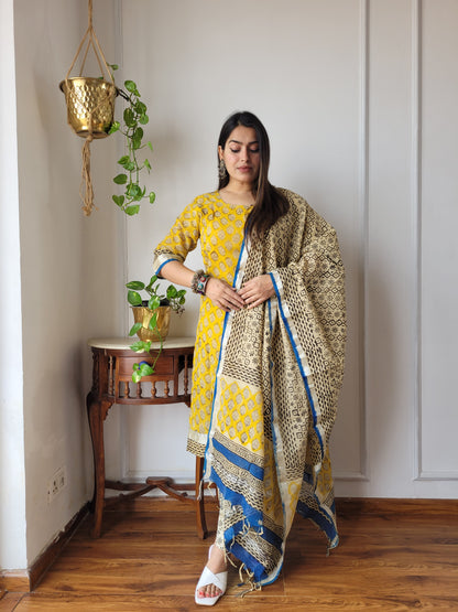 Beautiful block printed stitch linen suit with dupatta