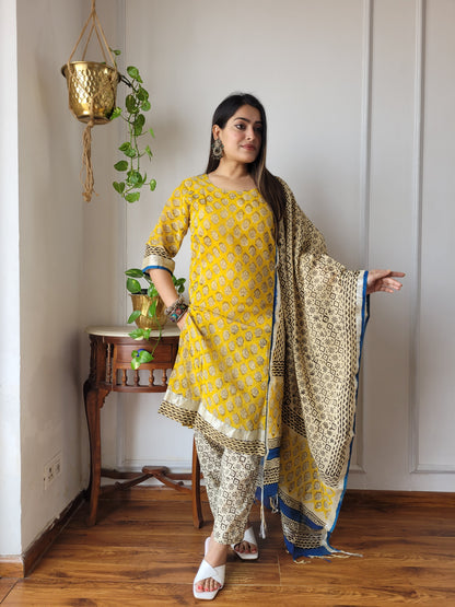 Beautiful block printed stitch linen suit with dupatta