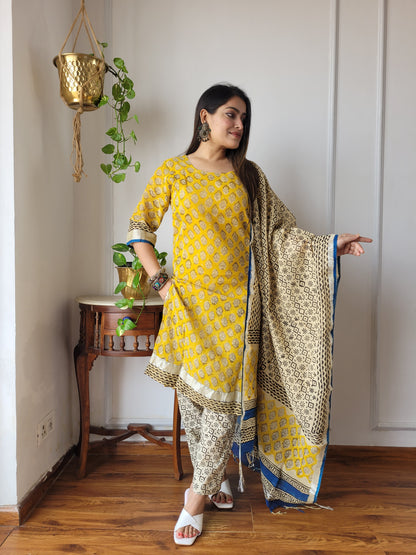 Beautiful block printed stitch linen suit with dupatta