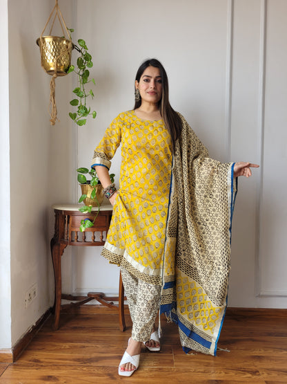Beautiful block printed stitch linen suit with dupatta
