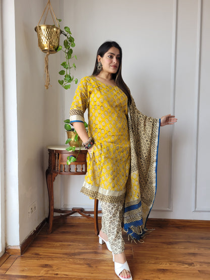 Beautiful block printed stitch linen suit with dupatta