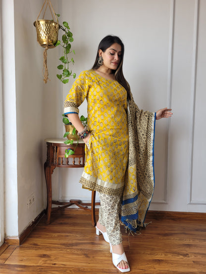 Beautiful block printed stitch linen suit with dupatta