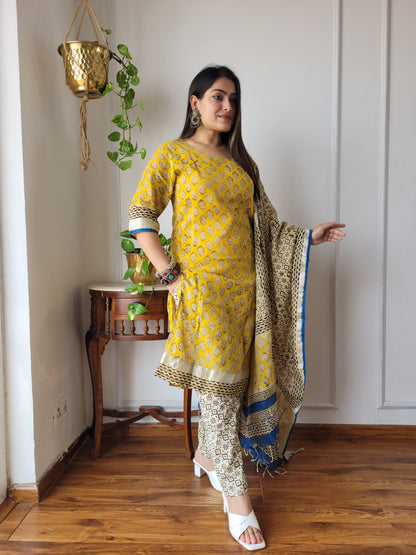 Beautiful block printed stitch linen suit with dupatta