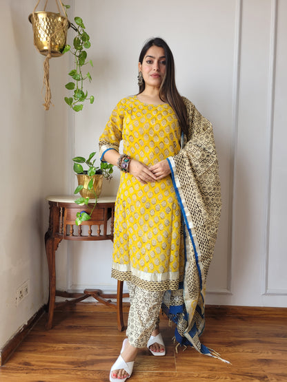 Beautiful block printed stitch linen suit with dupatta