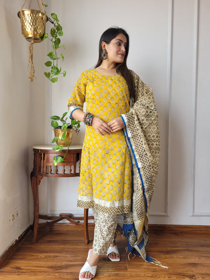 Beautiful block printed stitch linen suit with dupatta