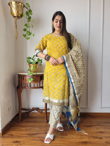 Beautiful block printed stitch linen suit with dupatta