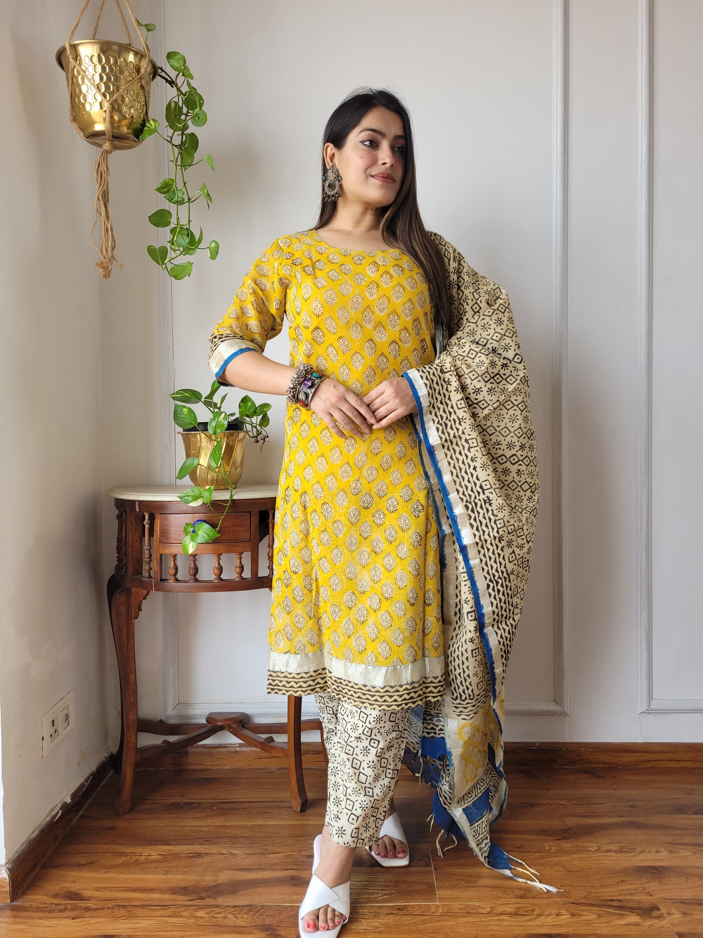 Beautiful block printed stitch linen suit with dupatta