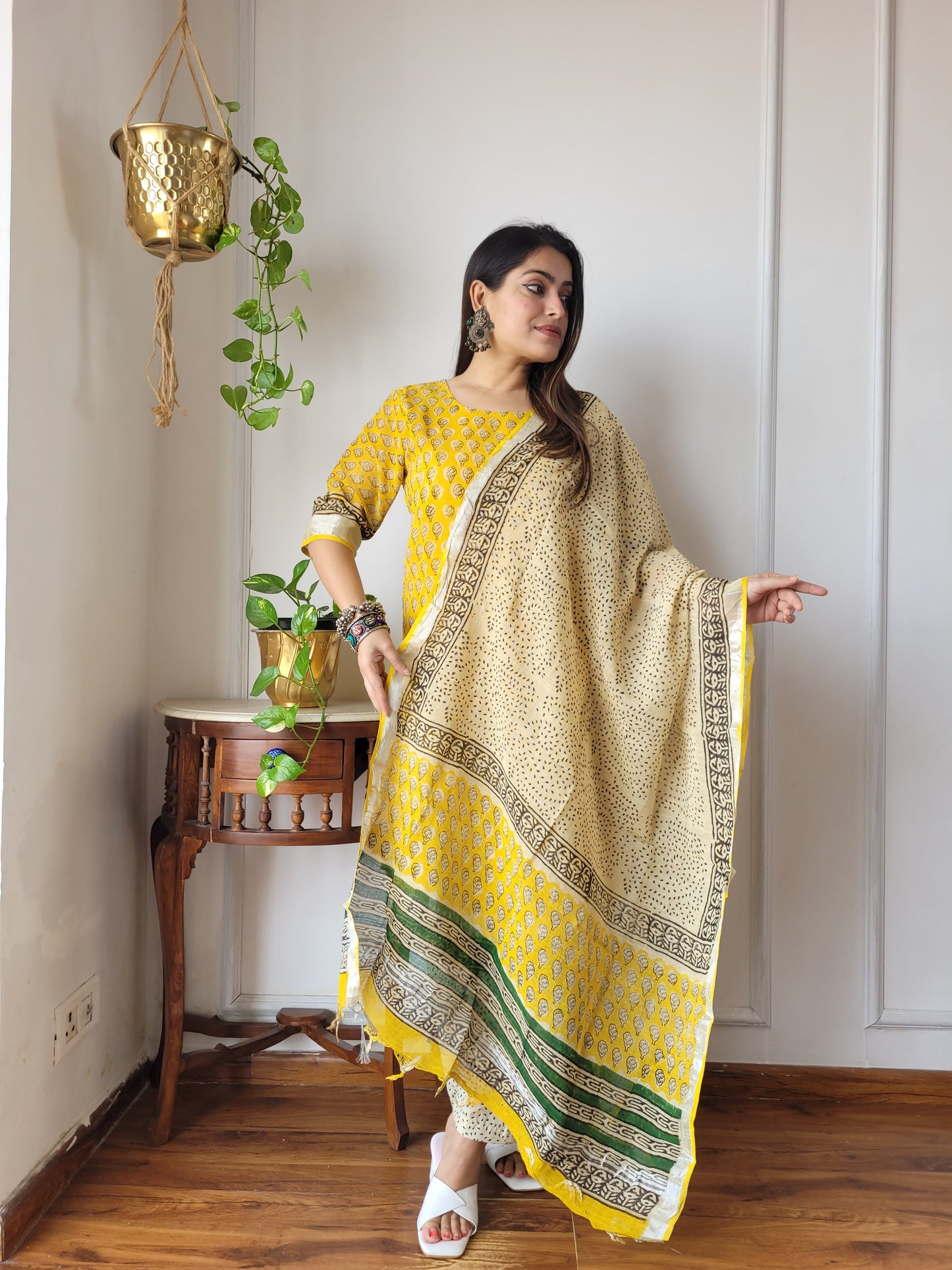 Office wear block printed linen suit set