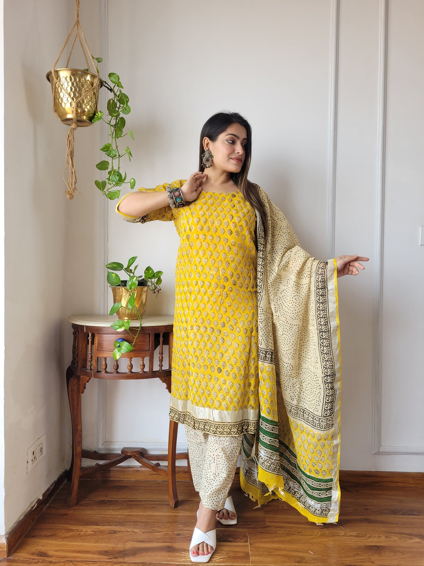 Office wear block printed linen suit set