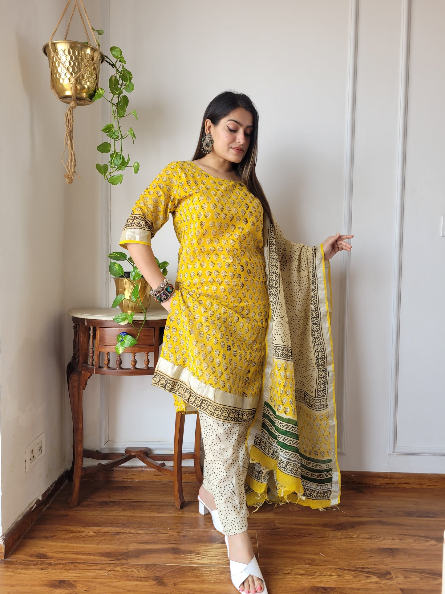 Office wear block printed linen suit set