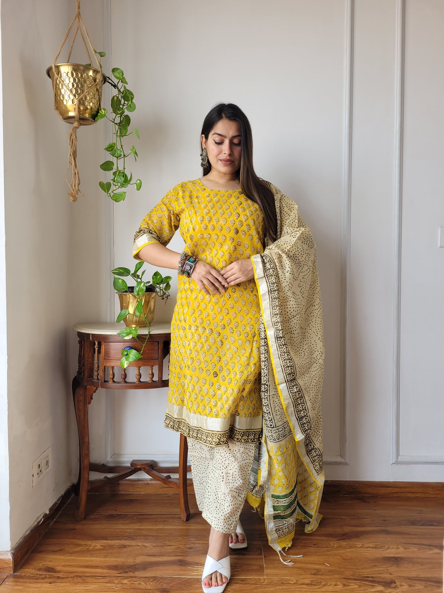 Office wear block printed linen suit set