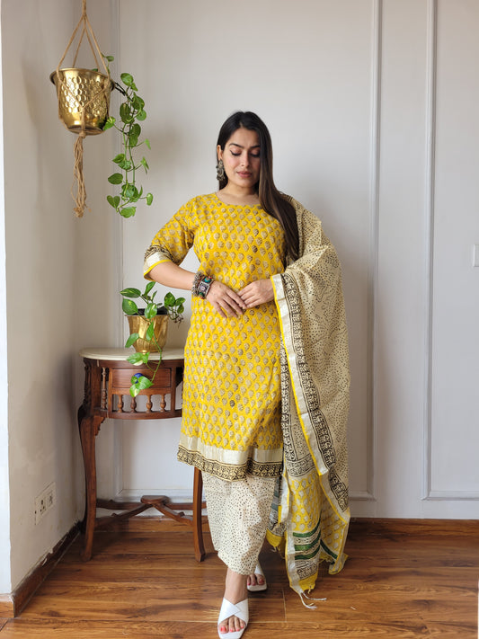 Office wear block printed linen suit set