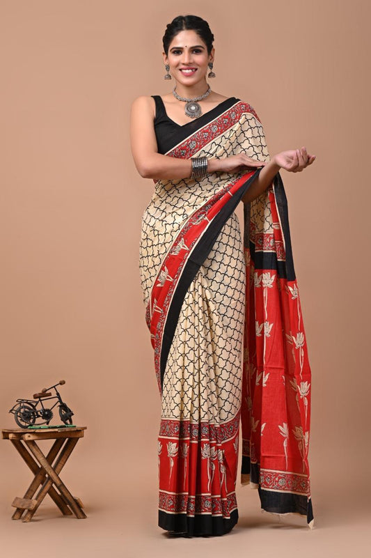 Bagru Print Pure Cotton Mulmul Saree with Blouse