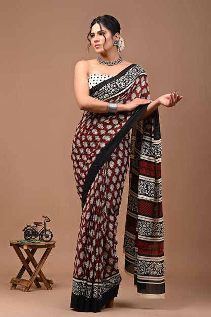 Bagru Prime Printed Hand Block Cotton Mulmul Saree With Blouse