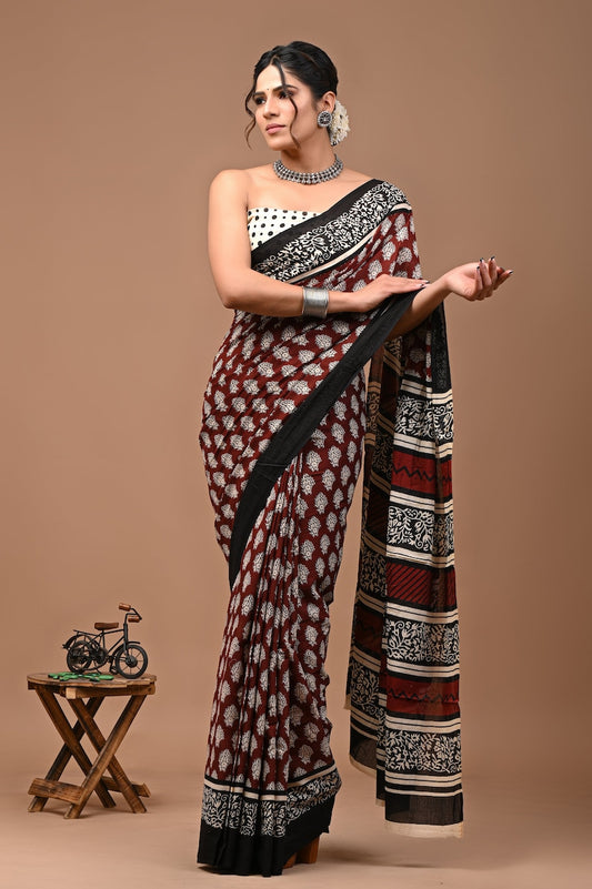 Bagru Prime Printed Hand Block Cotton Mulmul Saree With Blouse