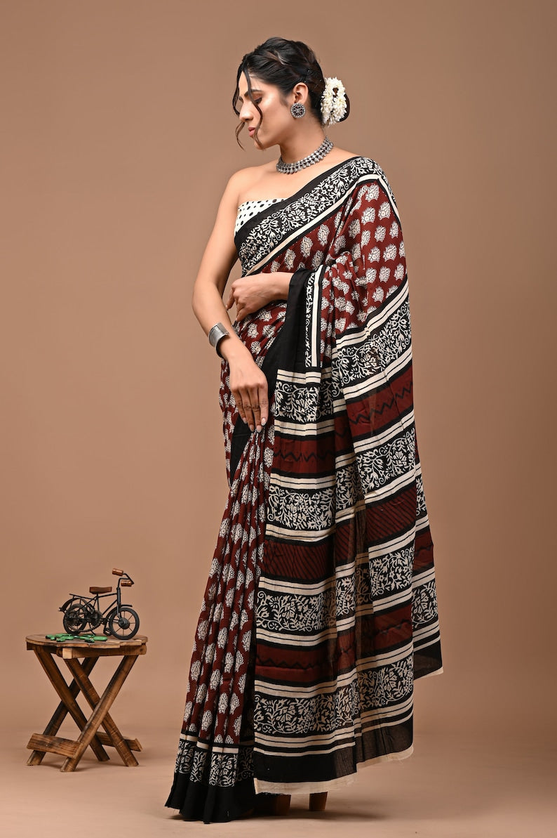 Bagru Prime Printed Hand Block Cotton Mulmul Saree With Blouse