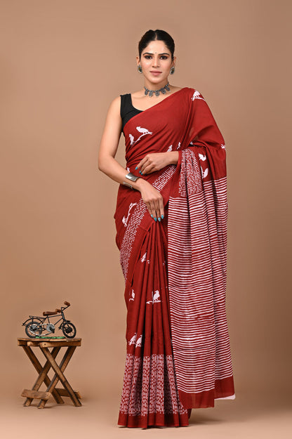 Printed Cotton Mulmul Saree With Blouse