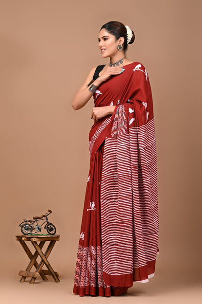 Printed Cotton Mulmul Saree With Blouse