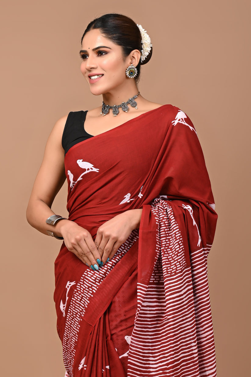 Printed Cotton Mulmul Saree With Blouse