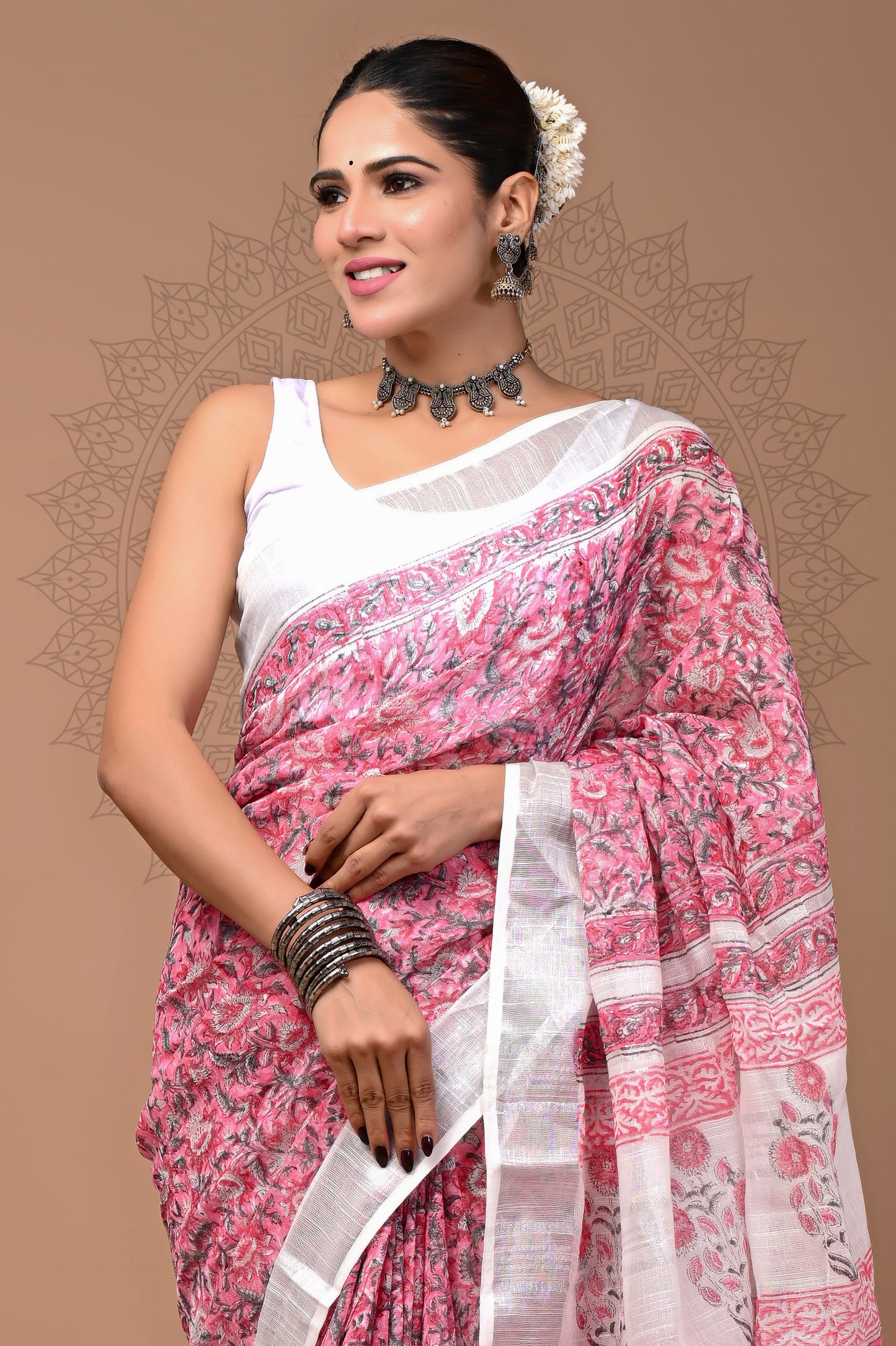 Printed Linen Saree for Party Wear