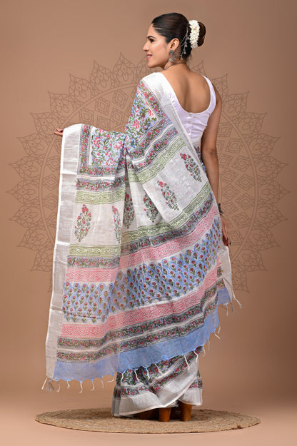 Floral Printed Linen saree With Blouse