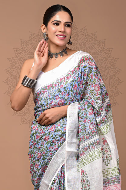 Floral Printed Linen saree With Blouse