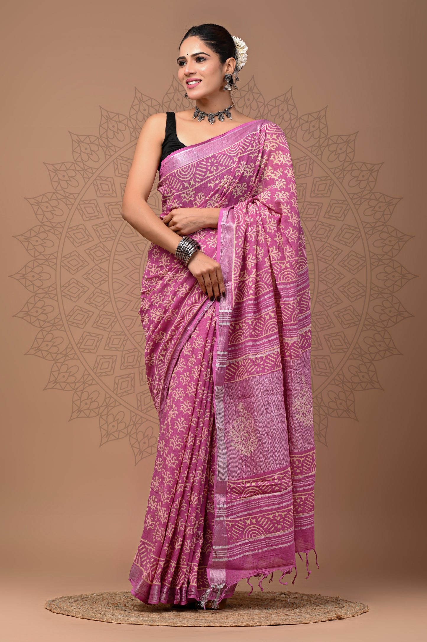 Block printed Linen saree With Blouse piece