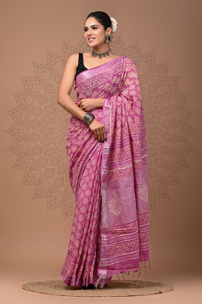 Block printed Linen saree With Blouse piece