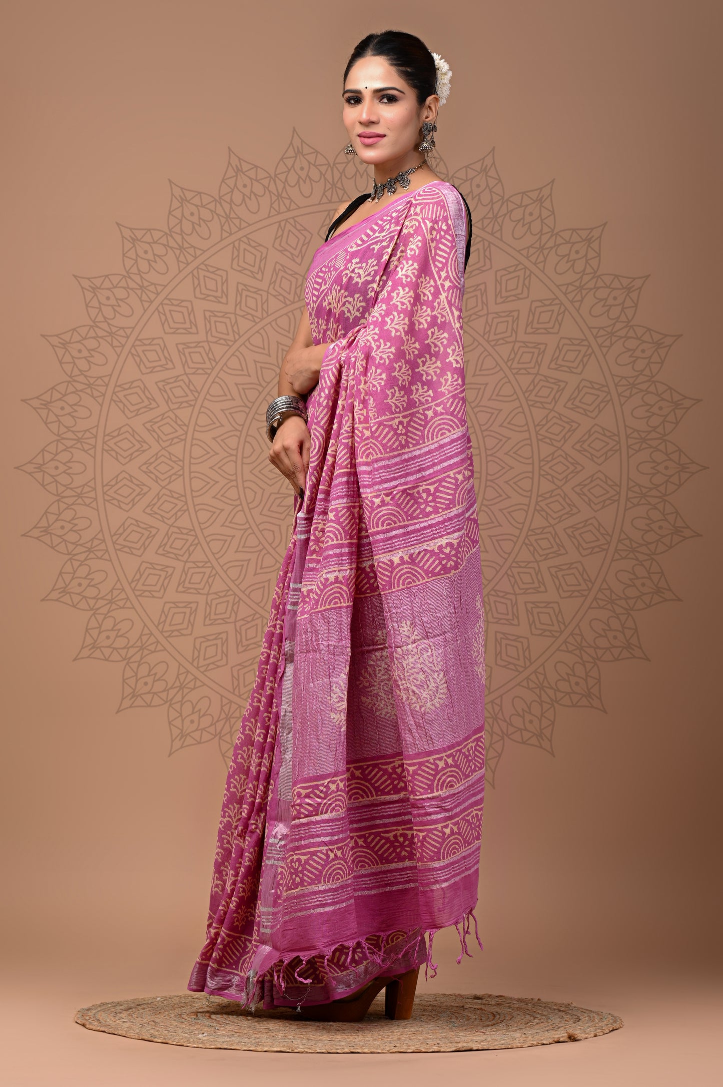 Block printed Linen saree With Blouse piece