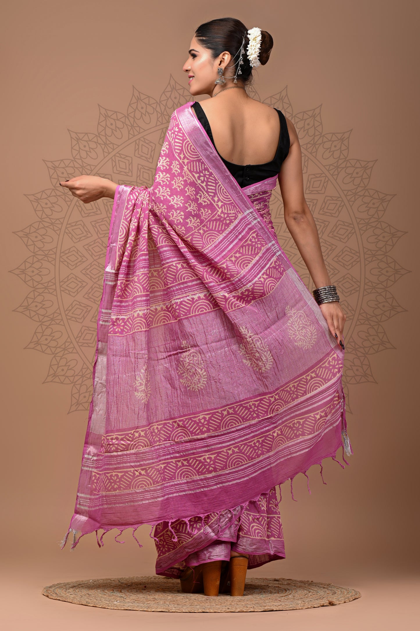 Block printed Linen saree With Blouse piece
