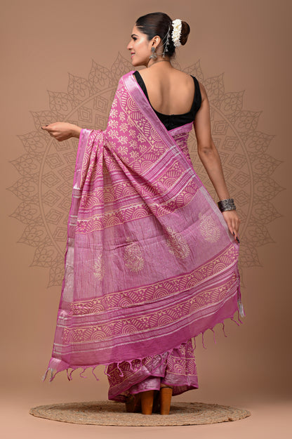 Block printed Linen saree With Blouse piece