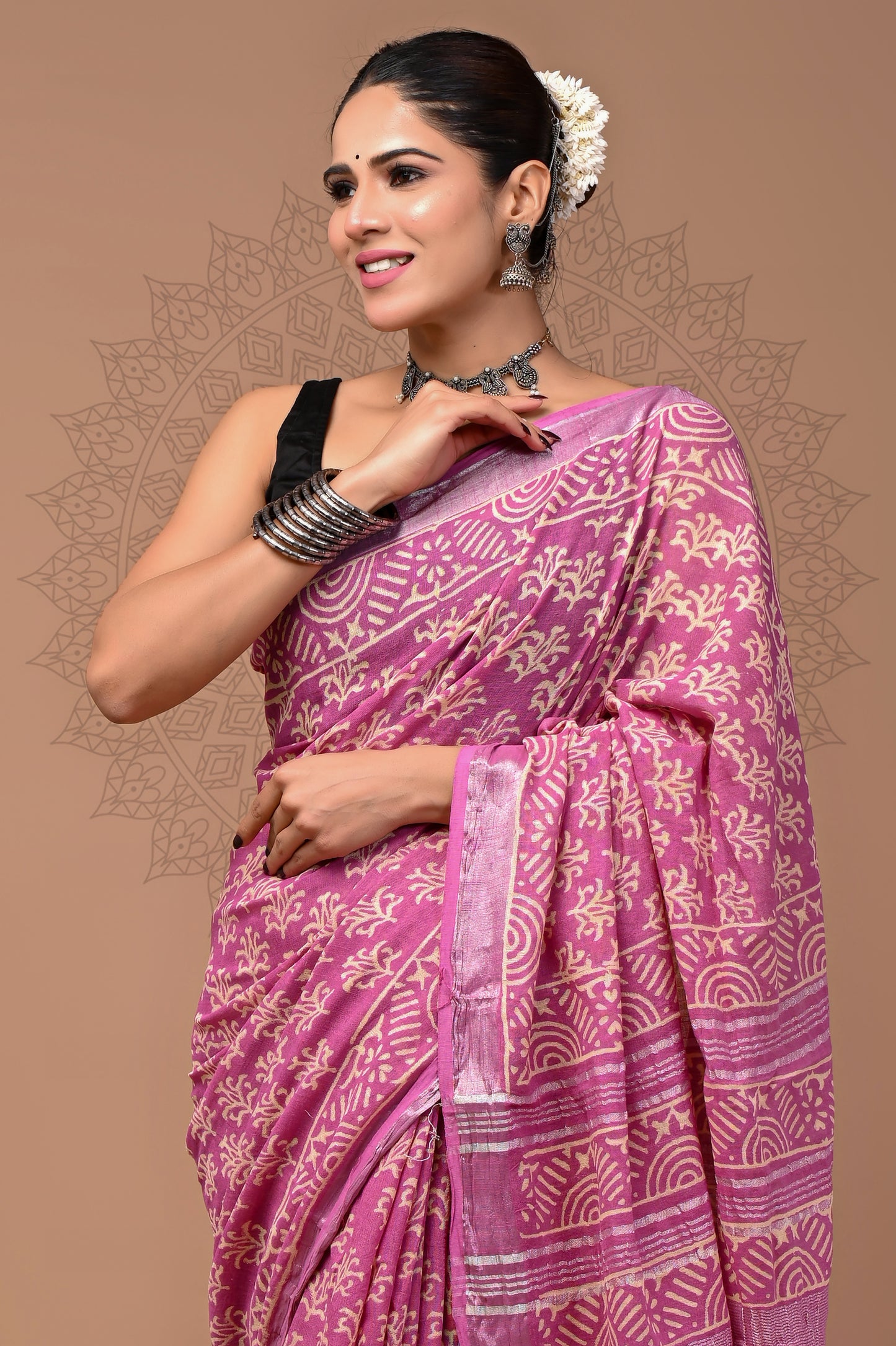 Block printed Linen saree With Blouse piece