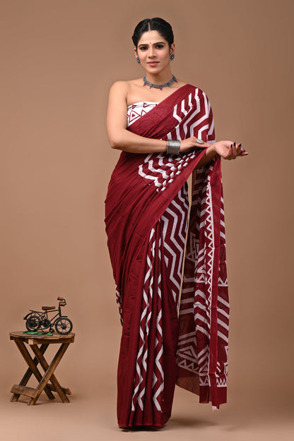 Bagru Prime Cotton Mulmul Saree With Blouse