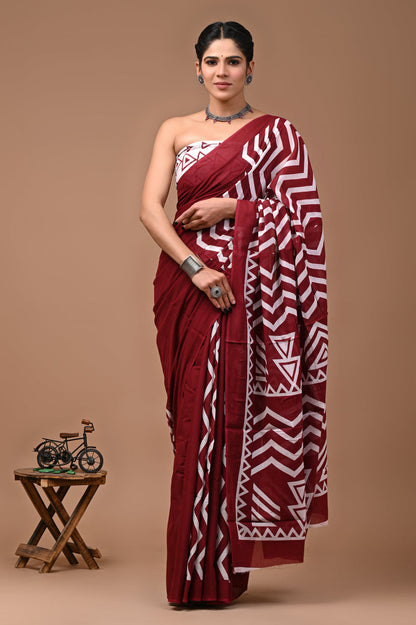 Bagru Prime Cotton Mulmul Saree With Blouse