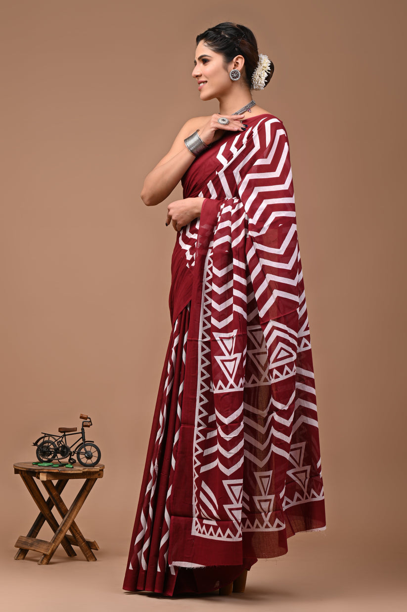 Bagru Prime Cotton Mulmul Saree With Blouse