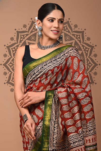 Bagru Prime Pure Maheshwari silk Sarees with Blouse